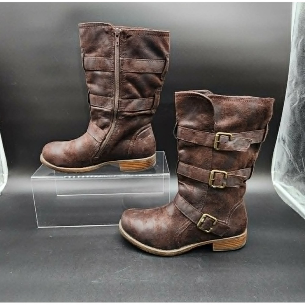 Maurices Tami moto-style Womens distressed brown Brown Triple Buckle Strappy 8M